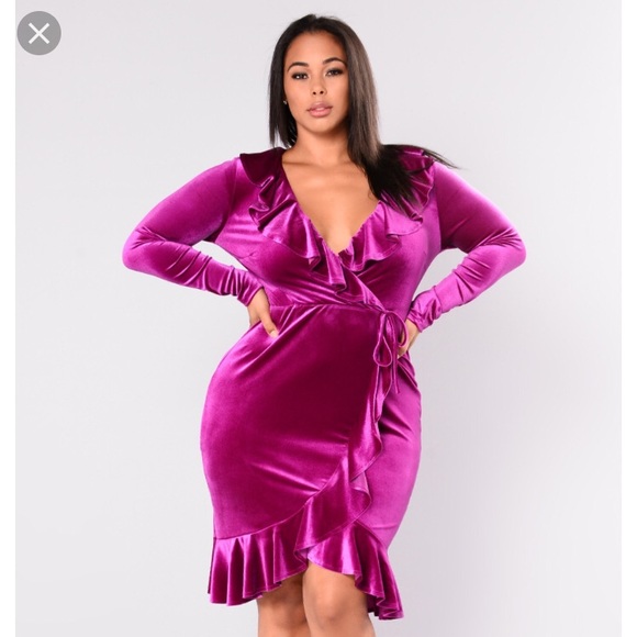 Fashion Nova Dresses & Skirts - FUCHSIA FASHION NOVA VELVET FAUX WRAP RUFFLE DRESS